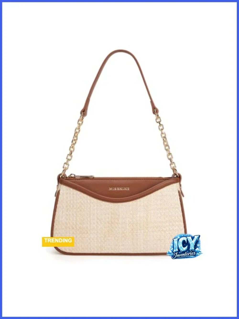 Faux Leather + Raffia Hobo Shoulder Bag Small Handbag with Chain Strap